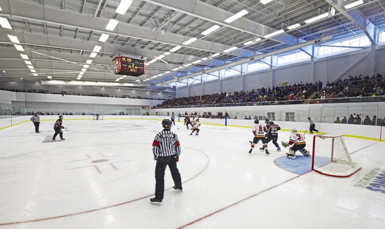 Hockey game being played on an indoor ice rink